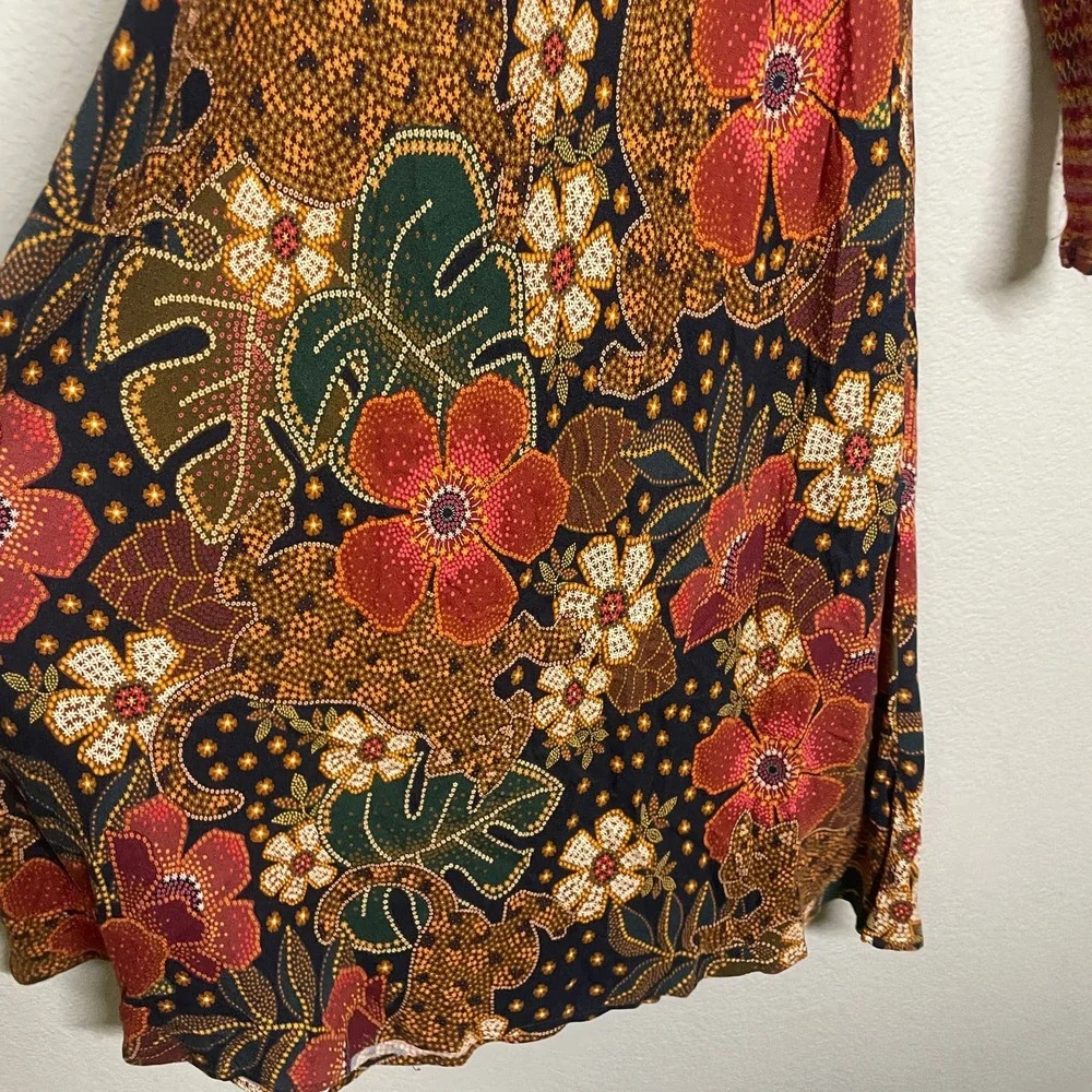 Farm Rio Medium Flowered Leopards Midi Dress Multicolored Mock Neck Long Sleeves - Picture 5 of 11